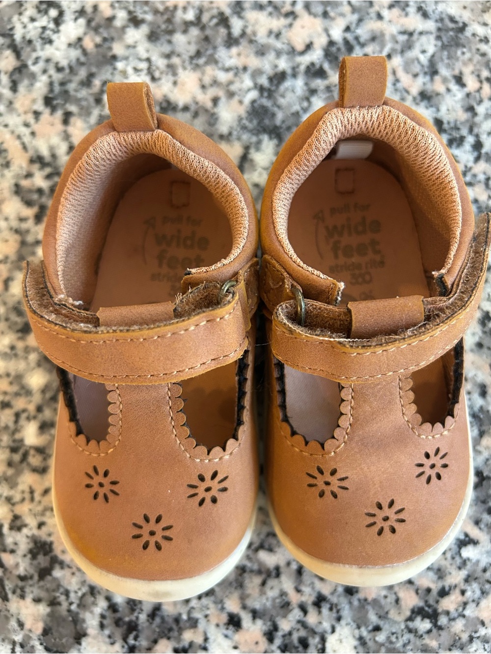 Stride Rite Tan Mary Jane Baby Walker Shoes with Floral Perforation
